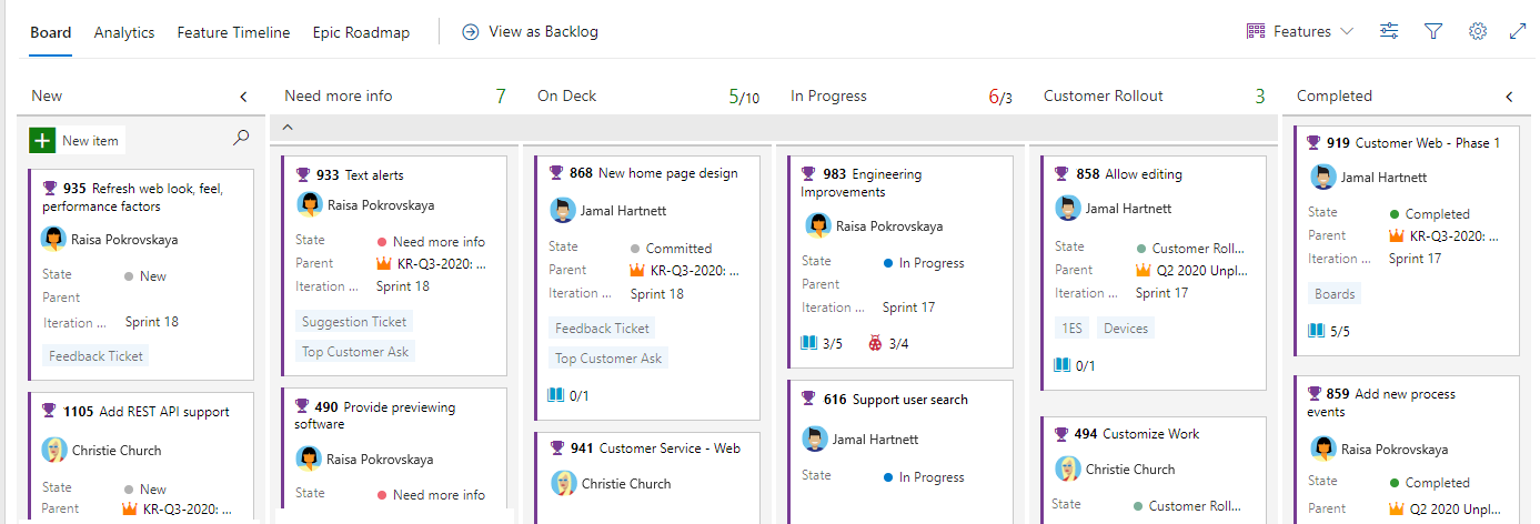 Screenshot that shows a Features board with customized columns.