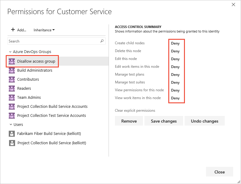 Screenshot of Area Path node Security, selected group, and setting Deny permissions, Azure DevOps Server 2022 and earlier versions.