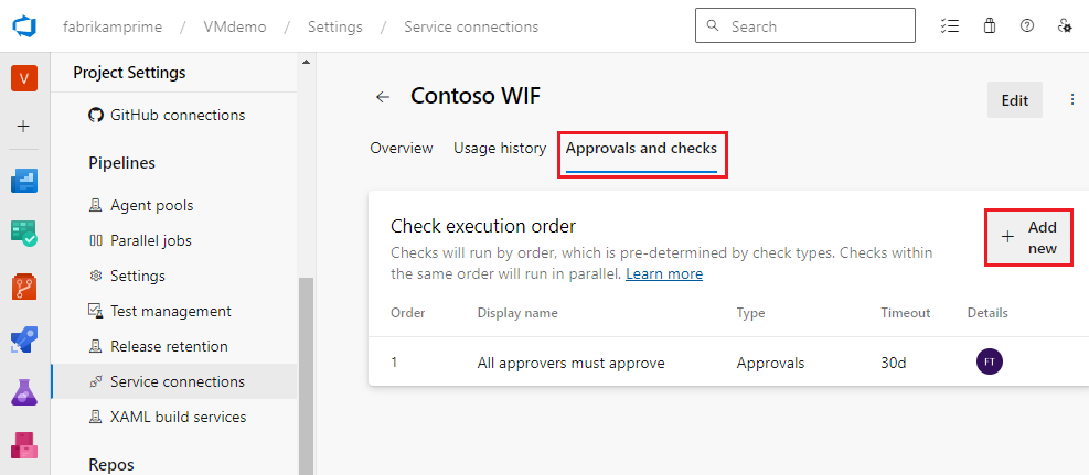 Screenshot of Azure Resource Manager approvals and checks.