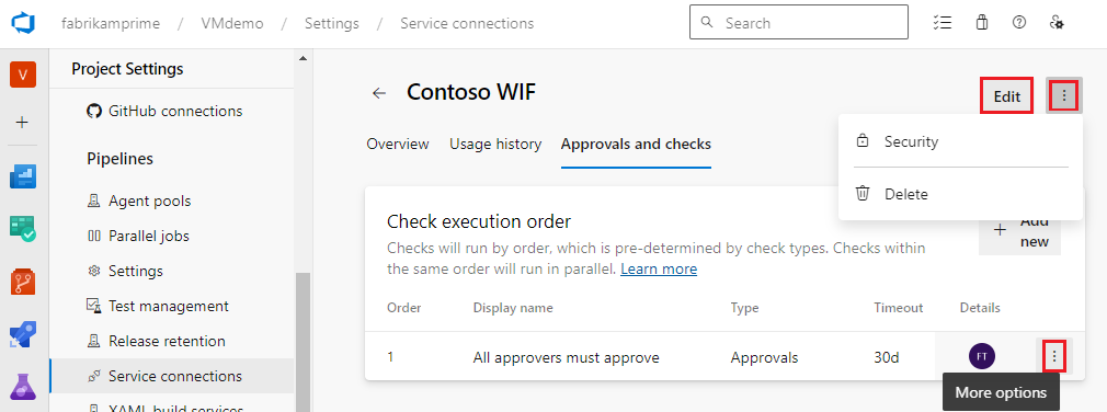 Screenshot of ways to edit Azure Resource Manager service connection.