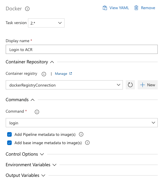 Screenshot of Docker container registry task login.