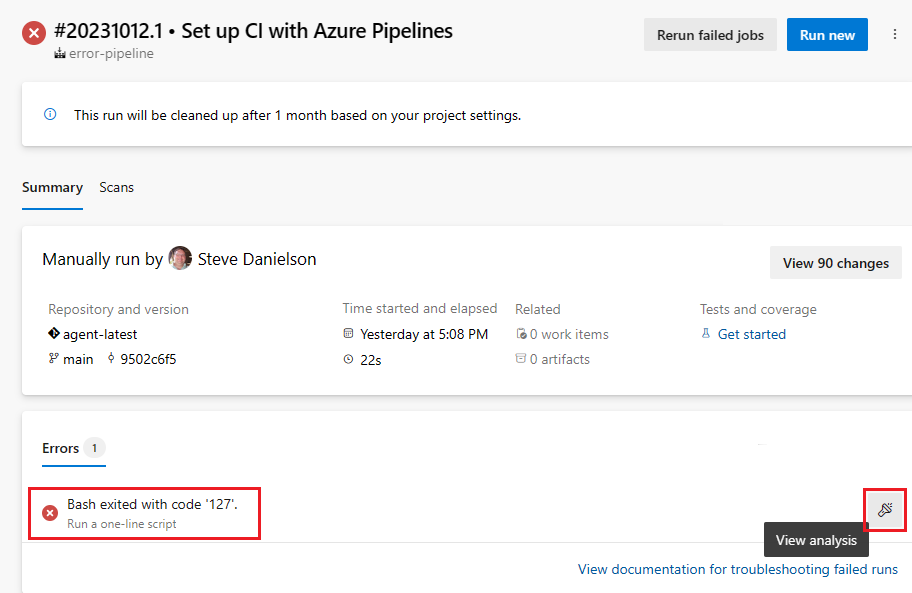 Screenshot of pipeline run summary page.
