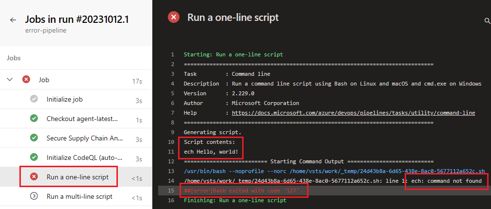 Screenshot of diagnostics log for the pipeline run.