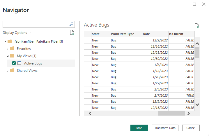 Screenshot of Power BI, Dialog of Navigator to choose Analytics view.