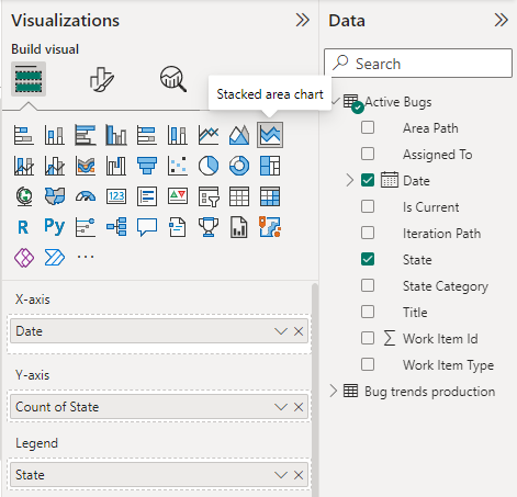 Screenshot of Power BI Visualizations and Fields selections for Active Bugs Stacked area chart report.