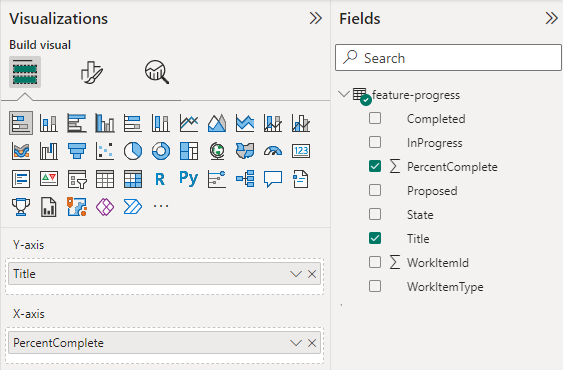 Screenshot of Power BI Visualizations and Fields selections for Feature Progress stacked bar chart report.
