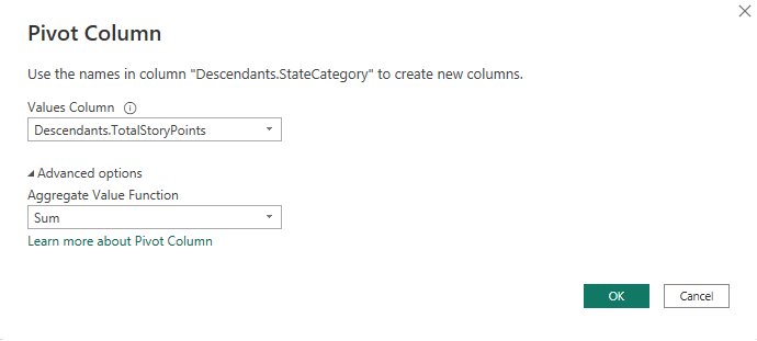 Dialog of Pivot Column for  Descendants.TotalStoryPoints column.