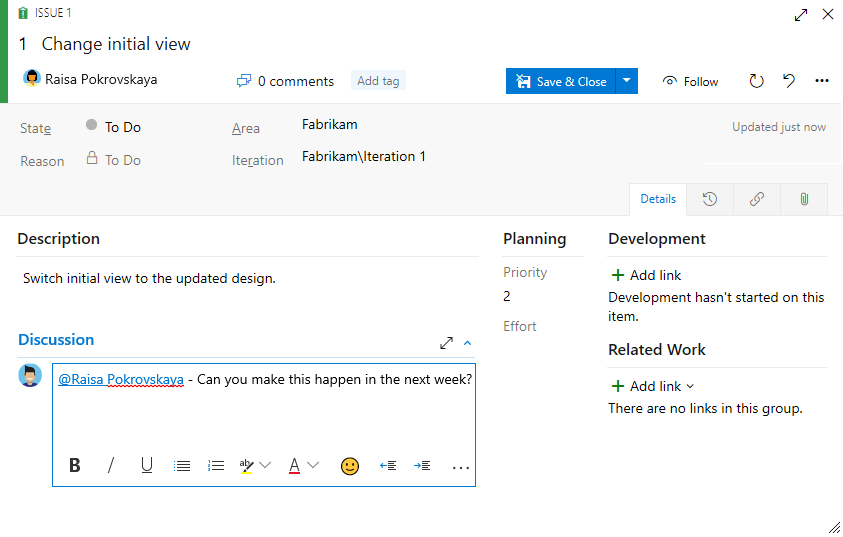Issues work item form, add details