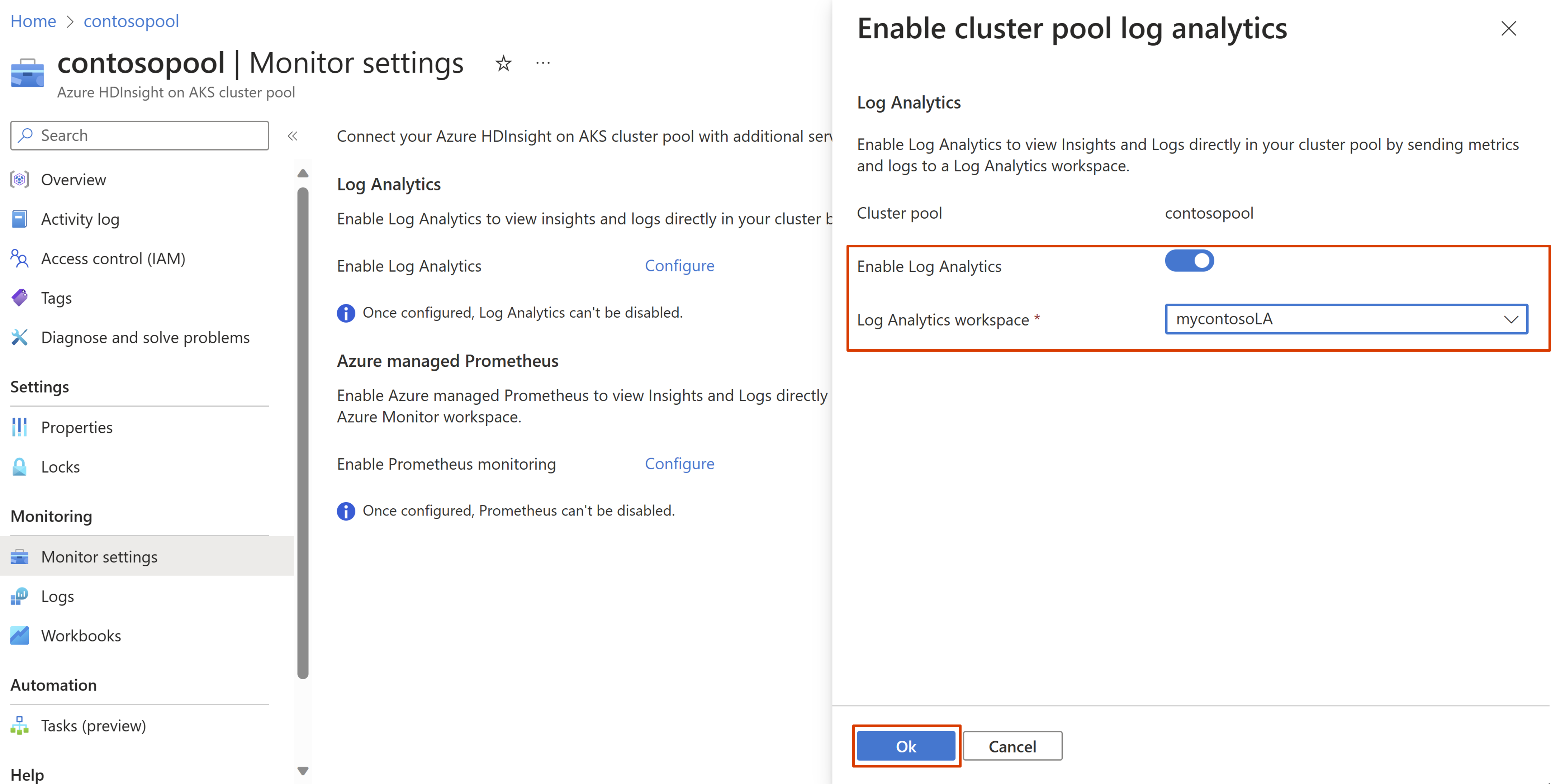 Screenshot showing how to enable cluster pool log analytics.