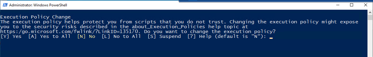 Screenshot that shows the PowerShell command line, asking for an Execution Policy change.