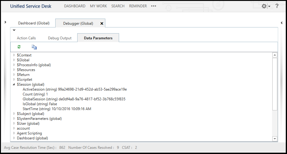 Unified Service Desk Debug Data Parameters  tab Unified Service Desk Debug Data Parameters  tab.