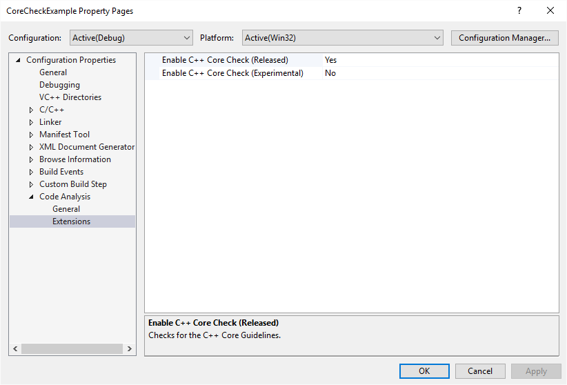 CPPCoreCheck_CodeAnalysis_Extensions Property page for Code Analysis Extensions settings