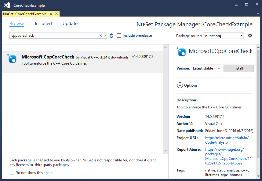 CPPCoreCheck_Nuget_Window Nuget Package Manager window shows CppCoreCheck package
