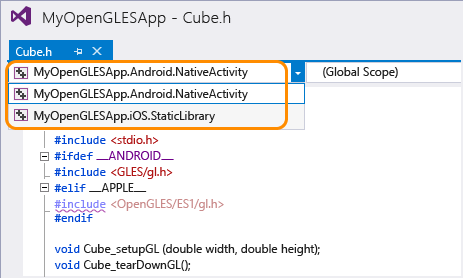 CPPMDD_OpenGLES_ContextSwitcher Project Context Switcher dropdown in Editor