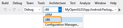 CPPMDD_OpenGLES_SolutionPlat Set the Solution Platform to x86