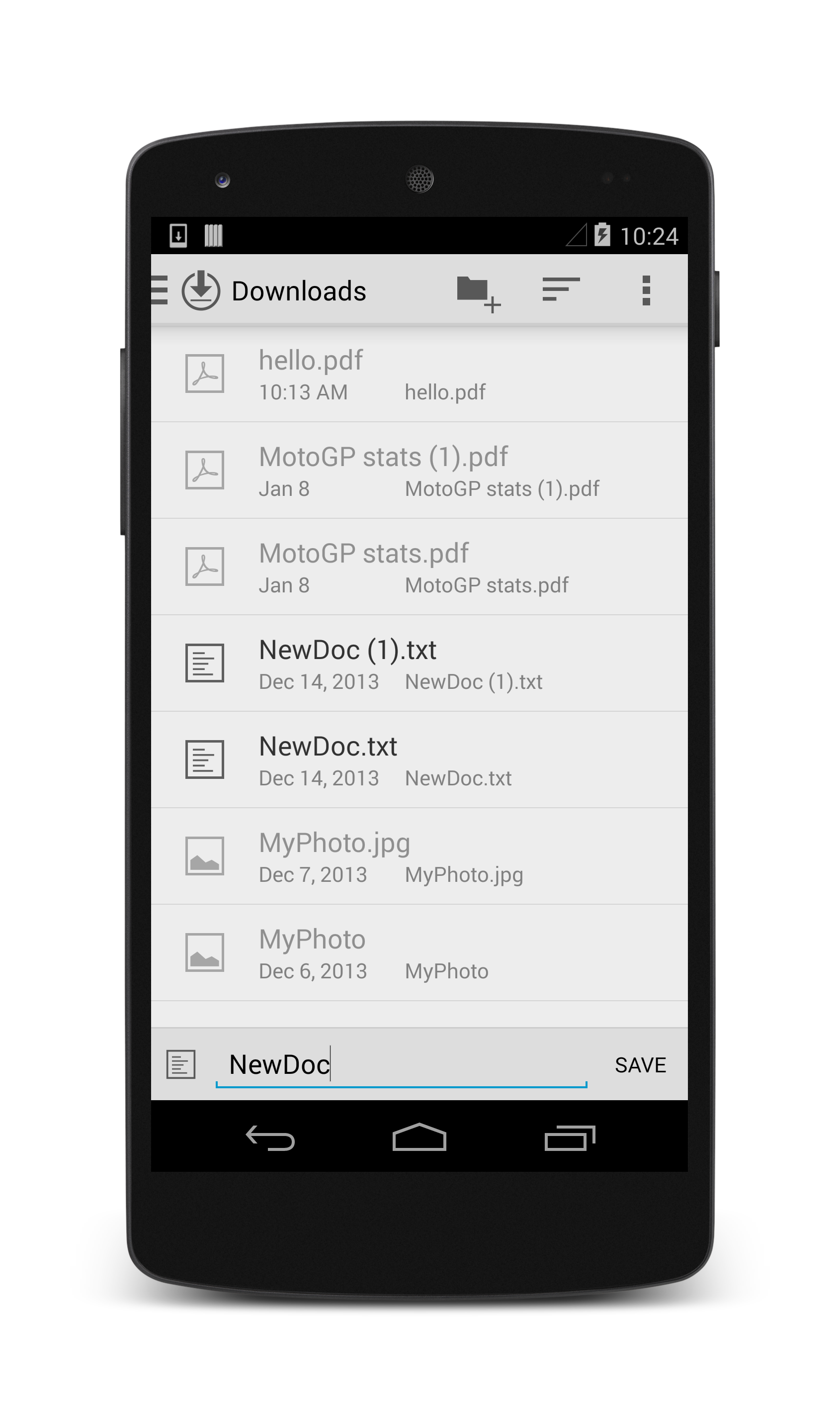 Screenshot of user changing the file name to NewDoc in the Downloads directory