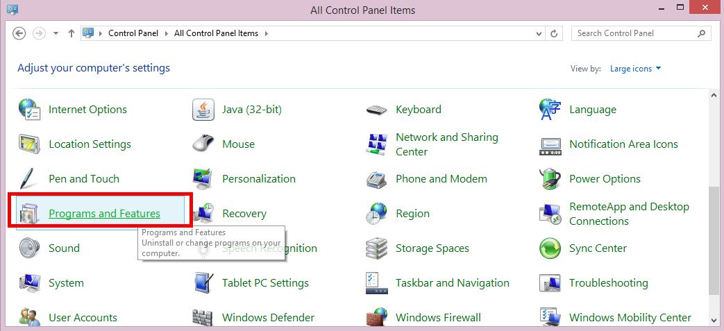 Navigate to Programs and Features or Programs  Uninstall a Program as illustrated here
