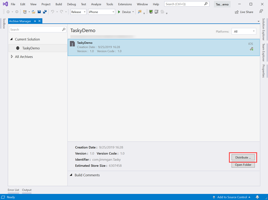 Screenshot of the distribute button location in the archive manager view. Screenshot of the distribute button location in the archive manager view.