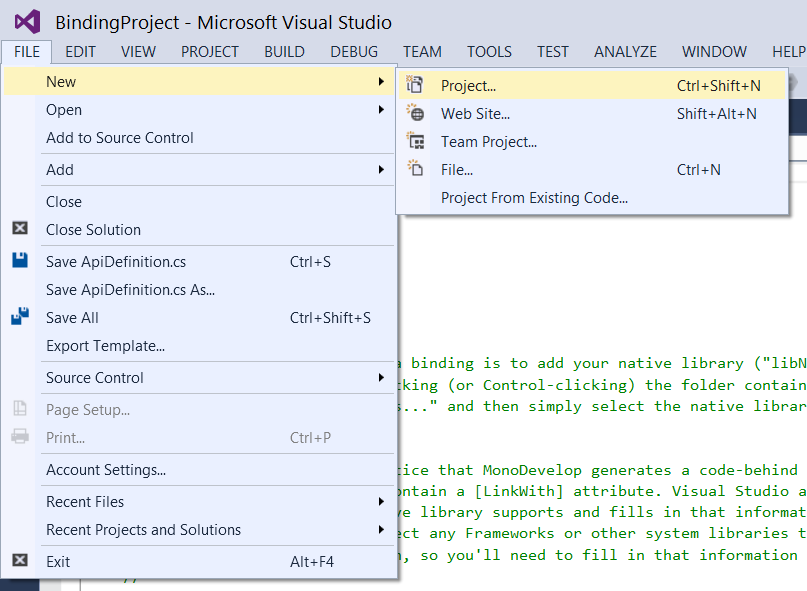 Starting a new project Screenshot shows Project selected from the New menu of the File menu in Visual Studio.