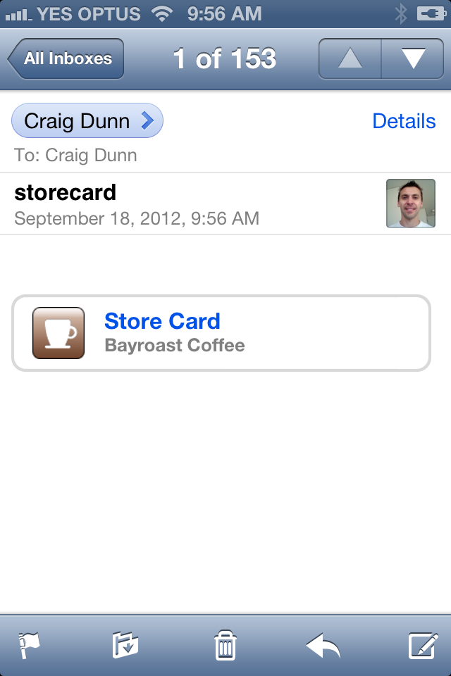 This screenshot shows how Mail in iOS 6 recognizes a pass attachment