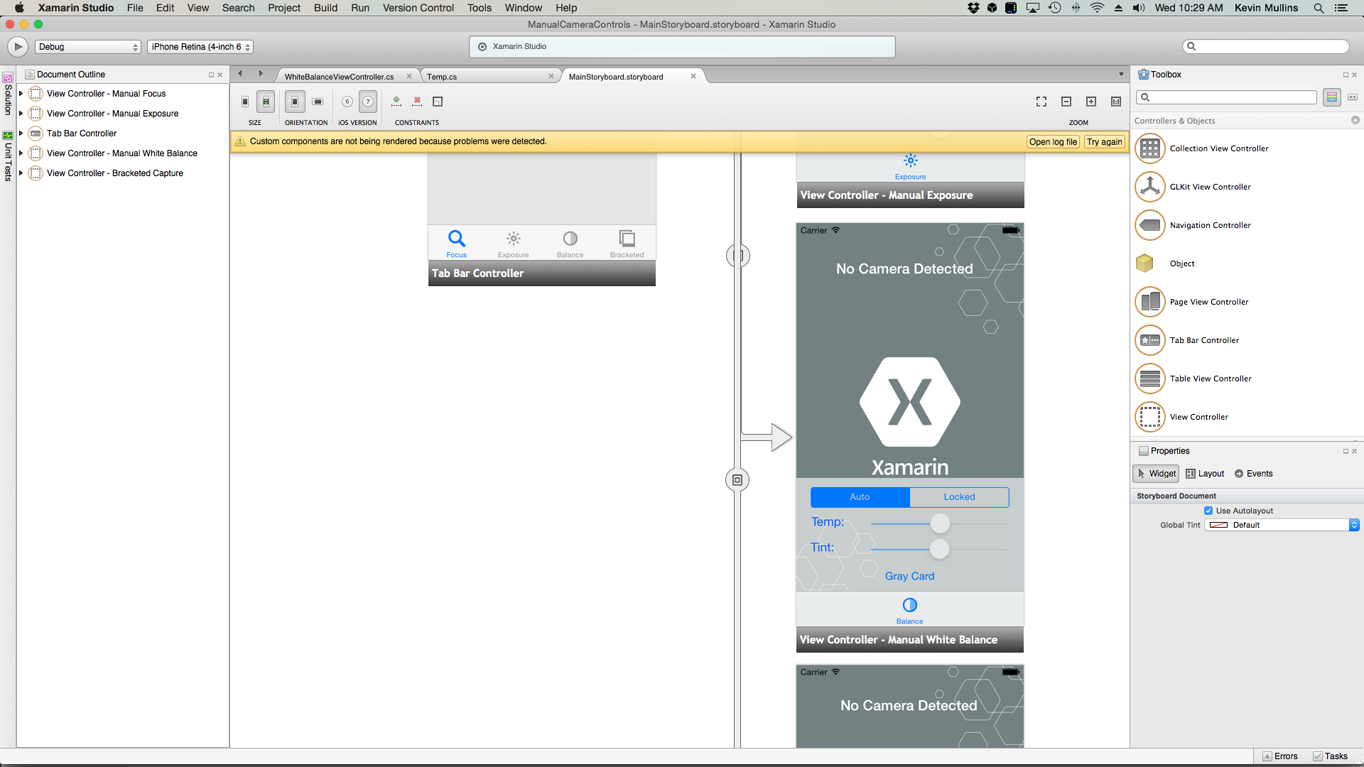 A UIViewController can be added to the applications Storyboard and configured as shown here for the manual white balance example.