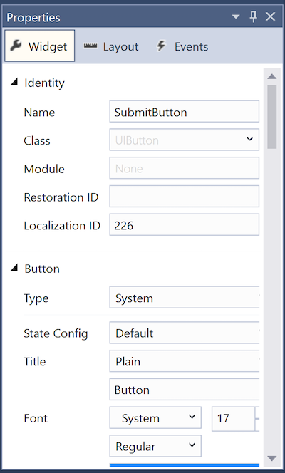 The Properties Window for a button The Properties Window for a button
