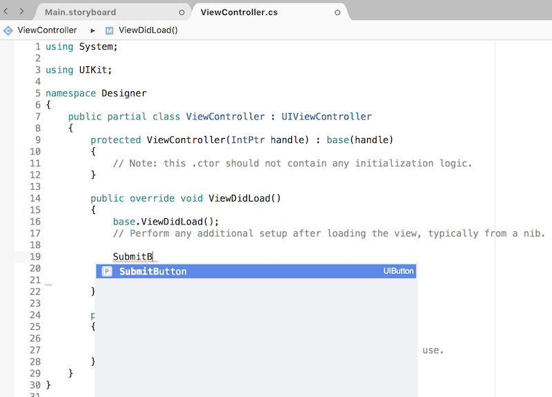IntelliSense recognizing the SubmitButton reference IntelliSense recognizing the SubmitButton reference
