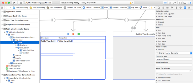 Selecting the Binding Inspector Selecting the Table View and Binding Inspector.