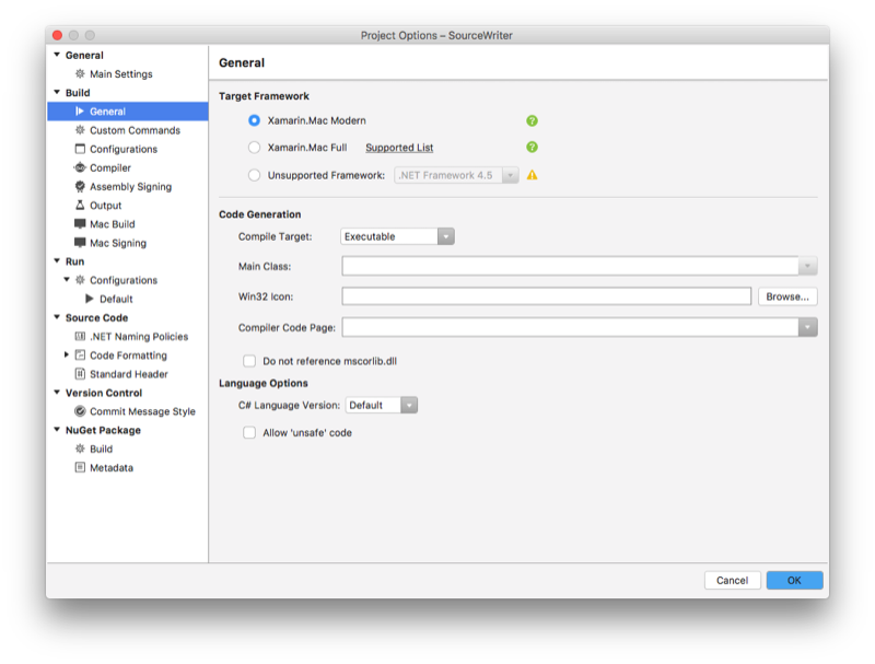Using the Project Options window to choose a target framework Using the Project Options window to choose a target framework