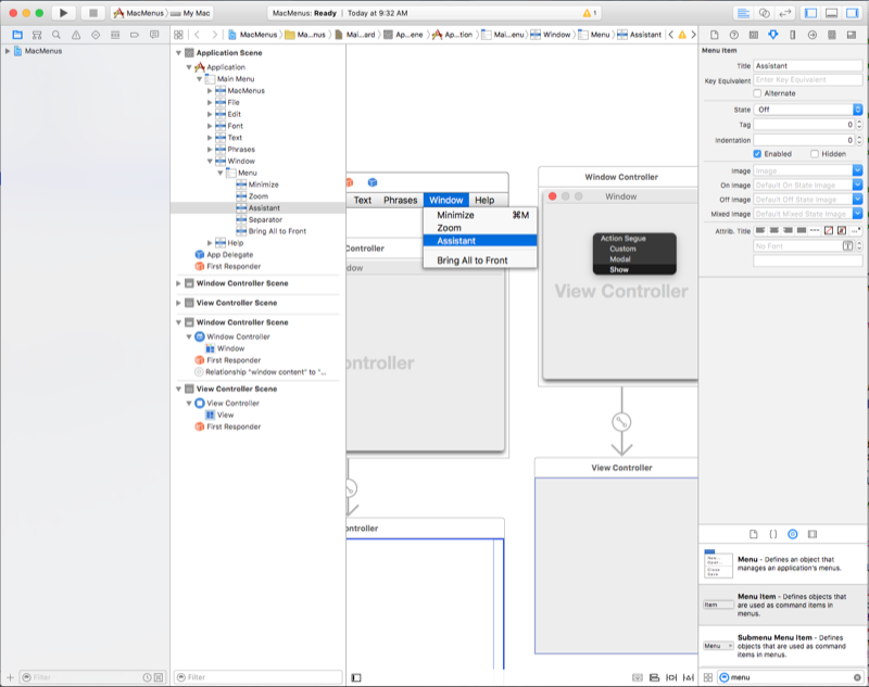 Setting the segue type Setting the segue type in the Main dot storyboard file.