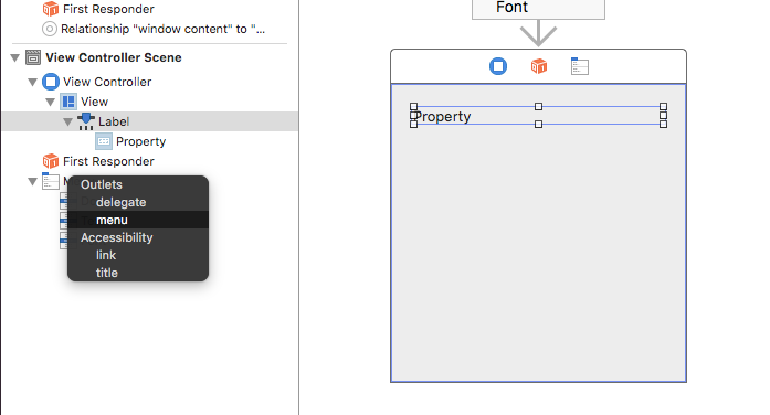 Setting the segue type Setting the segue type by selecting menu from Outlets in the Label context menu.