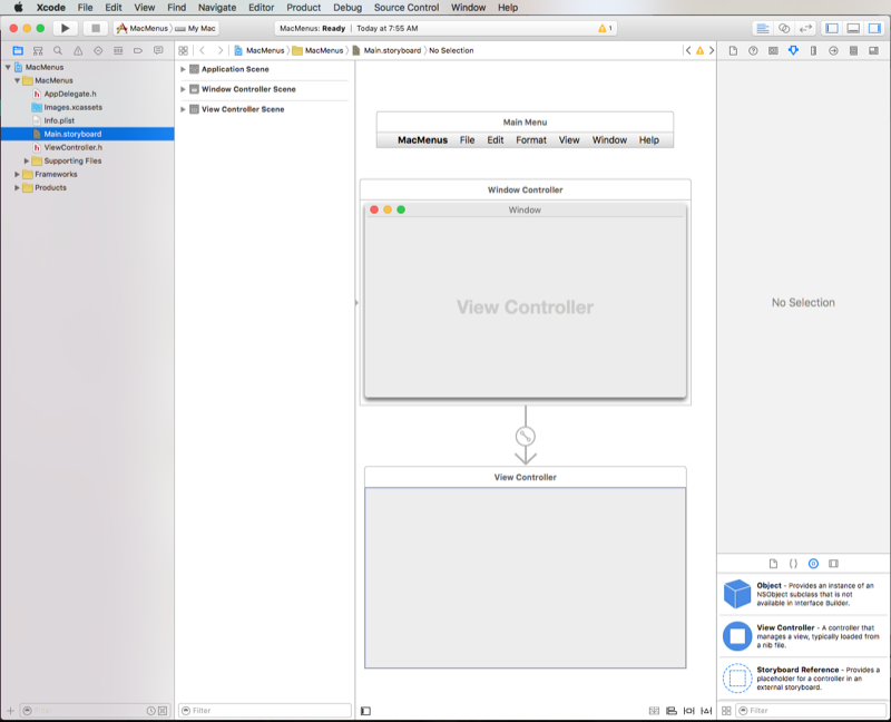 Editing the UI in Xcode Editing the UI in Xcode, showing the Main dot storyboard.