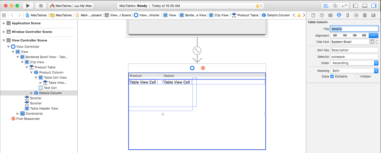 Screenshot shows the Interface Builder where you can set the sort key for the Details column.