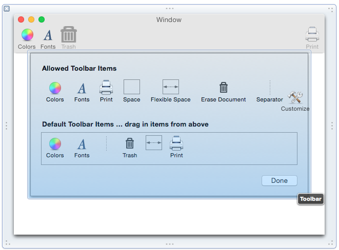 The Allowed Toolbar Items in the toolbar customization dialog The Allowed Toolbar Items in the toolbar customization dialog