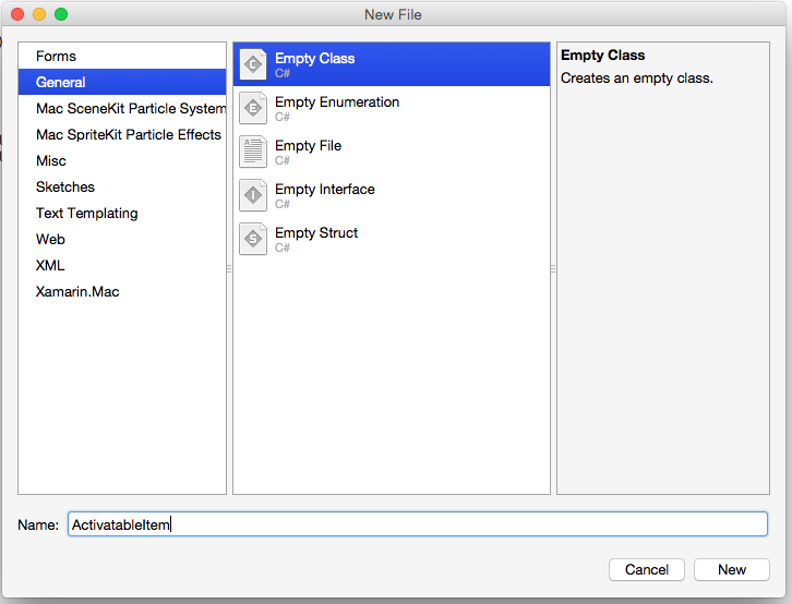 Adding an empty class in Visual Studio for Mac Adding an empty class in Visual Studio for Mac