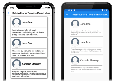 TemplatedParent relative binding mode Screenshot of a TemplatedParent mode relative binding, on iOS and Android
