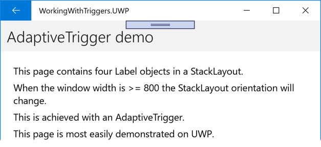 AdaptiveTrigger example Vertical StackLayout VisualState