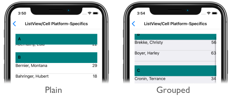 ListView with floating and non-floating header cells Screenshot of floating and non-floating ListView header cells, on iOS