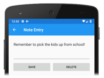 Xamarin.Android app with a XAML UI Screenshot shows a Note Entry on a mobile device with a blue banner.