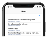 Xamarin.iOS app with a XAML UI Screenshot shows a Notes screen on a mobile device.