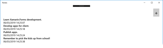 UWP app with a Xamarin.Forms XAML UI Screenshot shows a Notes page with notes and date/times.