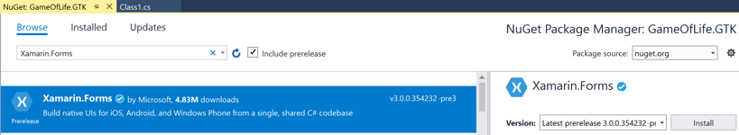 Select the Xamarin.Forms NuGet package Select the Xamarin.Forms NuGet package