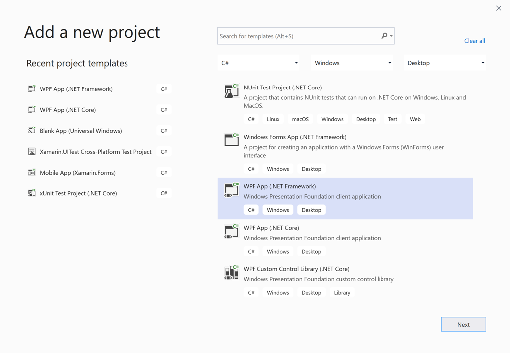 Add a new WPF project Screenshot shows the Add a new project dialog box with W P F App selected.