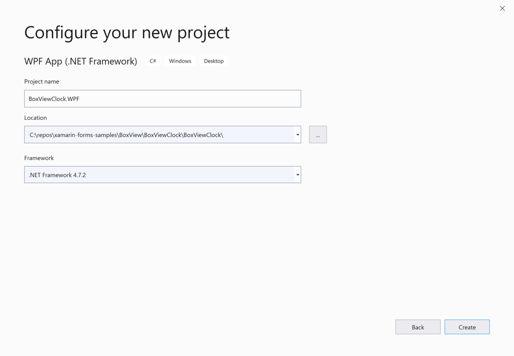 Add a new WPF project Screenshot shows the Configure you new project dialog box with values for Project name, Location, and Framework.