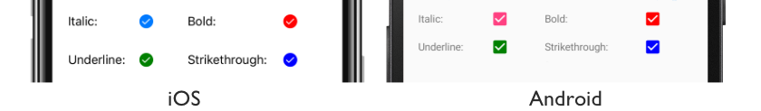 Colored CheckBox Screenshot of colored CheckBoxes, on iOS and Android