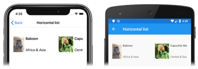 CollectionView horizontal list layout Screenshot of a CollectionView horizontal list layout, on iOS and Android