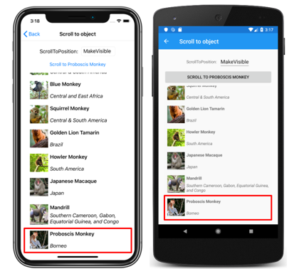 CollectionView vertical list with scrolled item Screenshot of a CollectionView vertical list with ScrollToPosition.MakeVisible, on iOS and Android