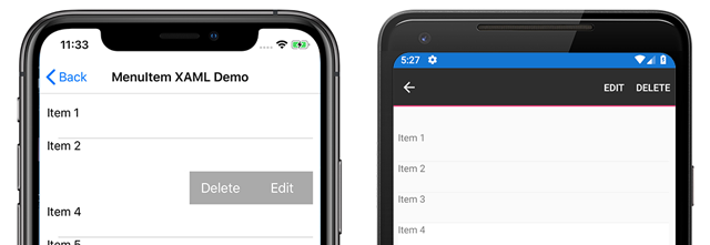 MenuItems on iOS and Android "MenuItems on iOS and Android"