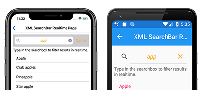 Customized SearchBar on iOS and Android Screenshot of customized SearchBar on iOS and Android