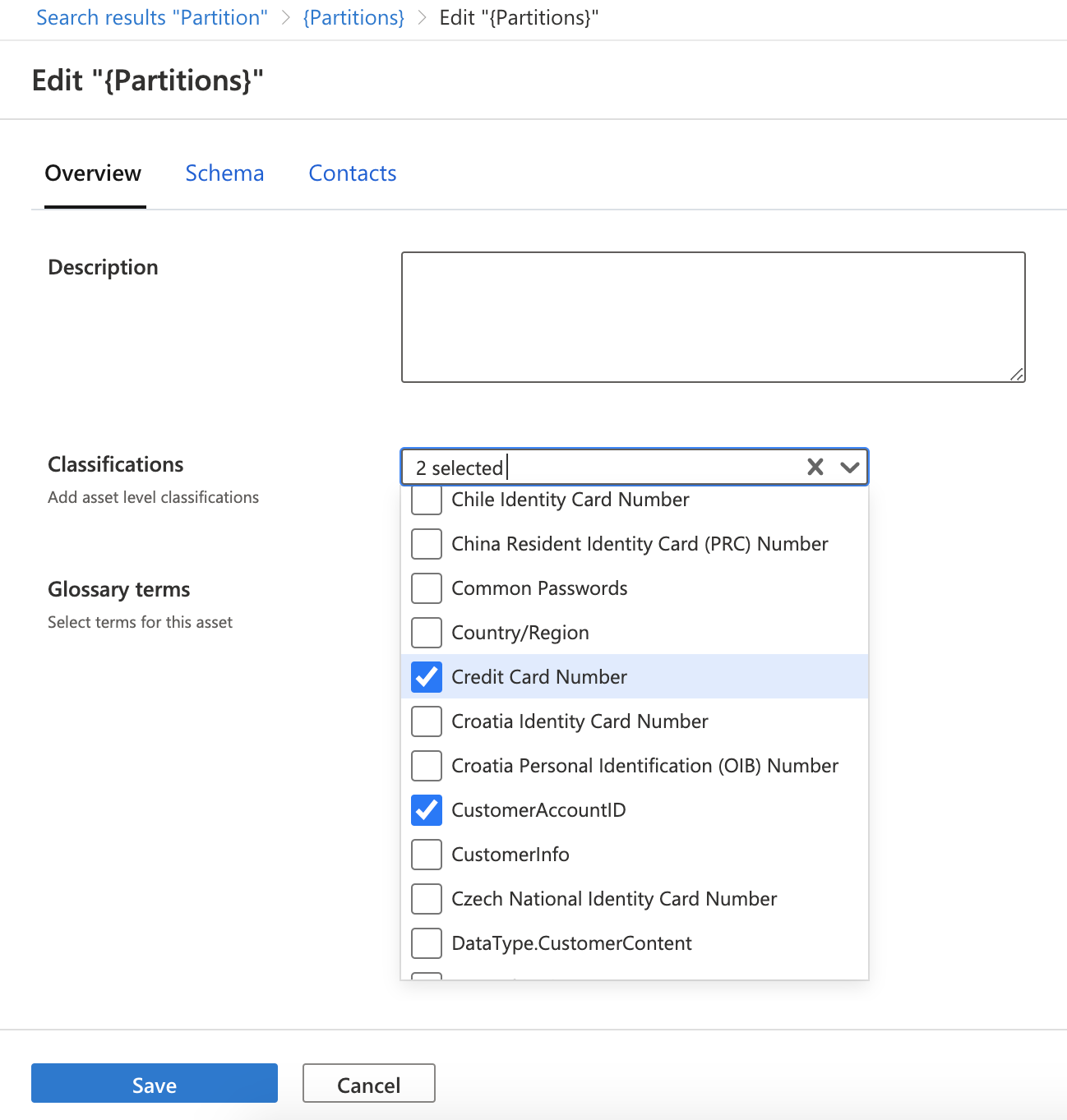 Screenshot showing how to select classifications to add to an asset.
